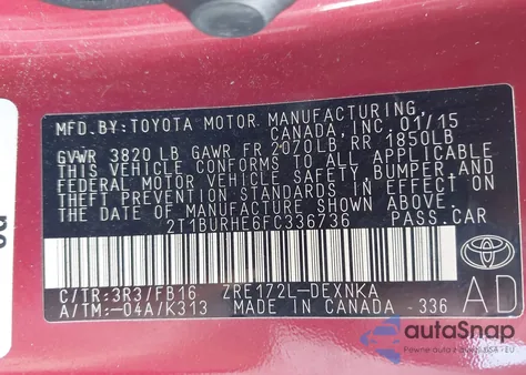 2015 Toyota Corolla Le from USA, damaged, VIN 2T1BURHE6FC336736